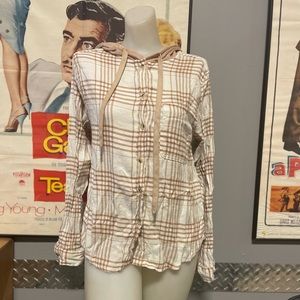 C&C California Button Up Hooded Flannel Plaid Sweater Beige - Lightly Used